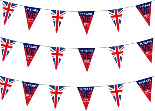 Vista 12 de Bandera de lona de 12 pies de largo con 12 banderas triangulares, banderines británicos, decoración de fiesta, bandera patriótica británica