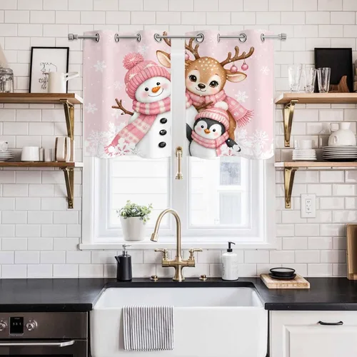 Vista 73 de Libaoge Cortinas de Navidad para cocina, dormitorio, juego de 2 paneles, diseño de muñeco de nieve de Navidad, cortinas de invierno con copos
