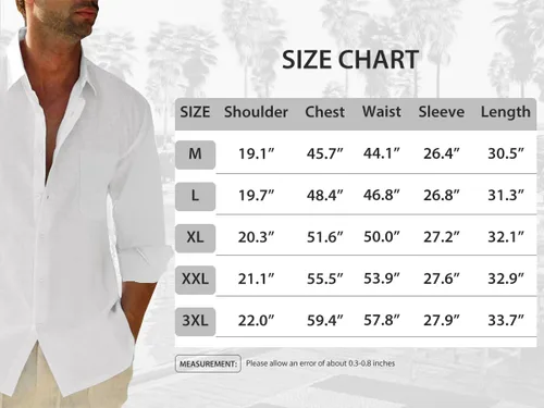 Vista 7 de JEKAOYI Camisas de lino con botones para hombre, estilo casual, manga larga, ajuste regular, de algodón, con bolsillo