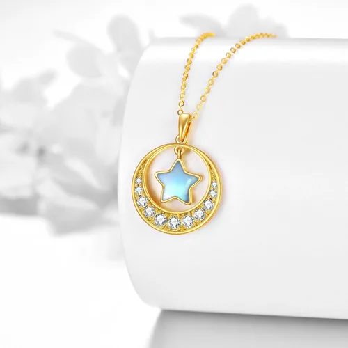 Vista 3 de KECHO Collar con dije de luna de oro de 14 quilates para mujer, oro amarillo real, luna creciente y estrella, collar con dije de ópalo de estrella