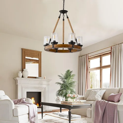 Vista 2 de Candelabro de iluminación de rueda de carro, 6 luces con pantalla de vidrio semillado, lámpara redonda de madera para cocina, isla de vestíbulo