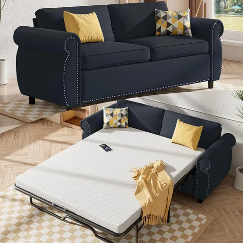 Vista 14 de Mjkone Sofá cama extraíble de tamaño matrimonial con colchón de espuma de 3.2 pulgadas, sofá cama convertible 2 en 1 con reposabrazos de cabeza