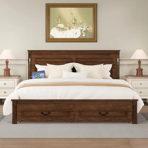 Vista 21 de JIVOIT Base de cama de plataforma de tamaño matrimonial con cabecero, cama de plataforma de madera estilo retro con patas de madera maciza Negro