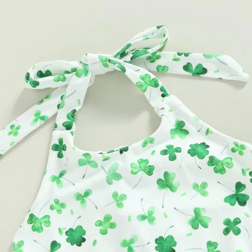 Vista 4 de Conjunto de ropa de verano para niña pequeña, diseño floral, sin mangas, cuello halter, parte inferior acampanada