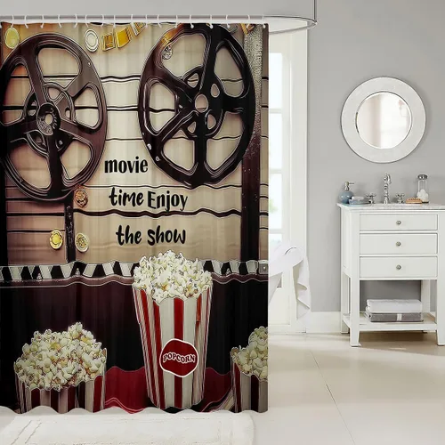 Vista 2 de Homewish Theater Cinema Poster Shower Curtain Set,Retro Movie Bathroom Curtain,Kids Girls Teens Popcorn Waterproof Fabrics Movie Night Bathroom