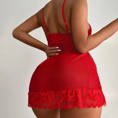 Vista 5 de MOBCTG Camisón sexy de encaje para mujer, sexy, sin hilos, con perspectiva, sexy, de encaje, para mujer, Rojo, M