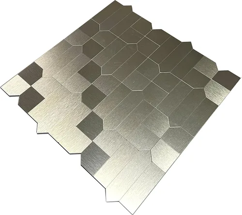 Vista 2 de XUANINY 7 hojas de azulejos metálicos para salpicaduras de muro, autoadhesivas, múltiples formas, mosaico de aluminio 3D, adhesivo de pared
