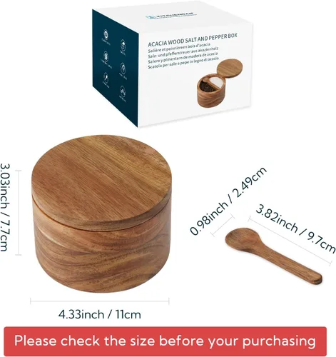 Vista 6 de KITCHENDAO Caja de Tazón de Sal y Pimienta de Madera de Acacia, Cuchara Incorporada, Contenedor de Condimentos de Especias de Dos Compartimentos