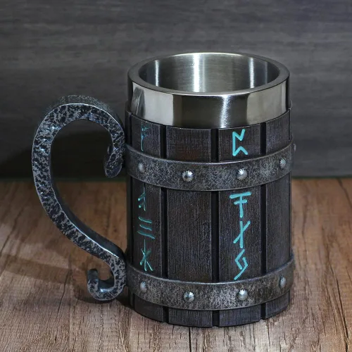 Vista 2 de GuoShuang Decoración nórdica de acero inoxidable de madera viking café fresco taza viking regalo para hombres taza de cerveza stein