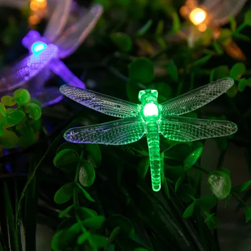 Vista 3 de Guirnalda de luces solares de libélula para exteriores, 20.8 pies, 30 luces LED impermeables con energía solar, 8 modos de luces decorativas
