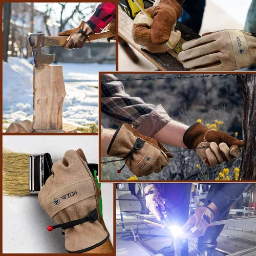 Vista 5 de Guantes de trabajo de cuero WZQH para hombres o mujeres. Guante XS para jardinería, soldadura Tig/Mig, construcción, motosierra, granja, rancho