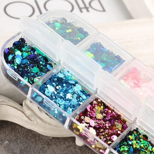 Vista 7 de Lentejas de purpurina camaleón para uñas, lentejuelas de arte de uñas holográficas 3D con gradiente láser, polvo de purpurina brillante en gel UV