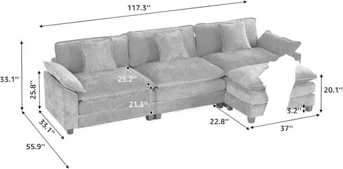 Vista 40 de Sofá seccional modular verde de 111.5", sofás seccionales grandes de 3 plazas para sala de estar, sofá nube oversized de tela chenille con otomana