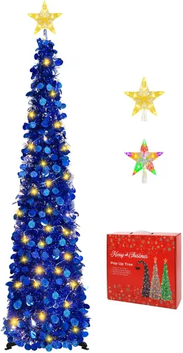 Vista 13 de MACTING Árbol de Navidad desplegable con 50 luces LED con temporizador, 5 pies, árbol de lápiz de oropel plegable de fácil montaje, árbol artificial