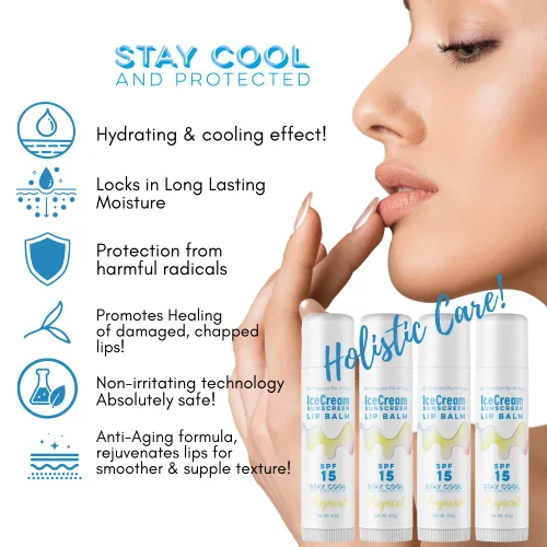Vista 3 de IceCream Sunscreen - Juego de 4 bálsamos labiales con aroma tropical, protector solar resistente al agua para labios, cuidado de labios para todas