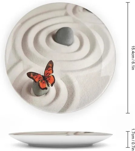 Vista 2 de Plato decorativo de 6 pulgadas, diseño de mariposas de cerámica, diseño de roca zen en la arena, serenidad, ciclo de vida, placa de exhibición