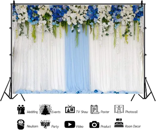 Vista 4 de AOFOTO Cortina de flores azules y blancas de 6 x 4 pies, telón de fondo de boda, romántico, cortinas de pared florales para novia, novio, damas