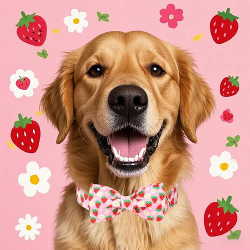Vista 2 de Lindo collar de perro de fresa con corbatín – Collar ajustable de primavera y verano rosa con corbatín rosa, transpirable y cómodo, para perros