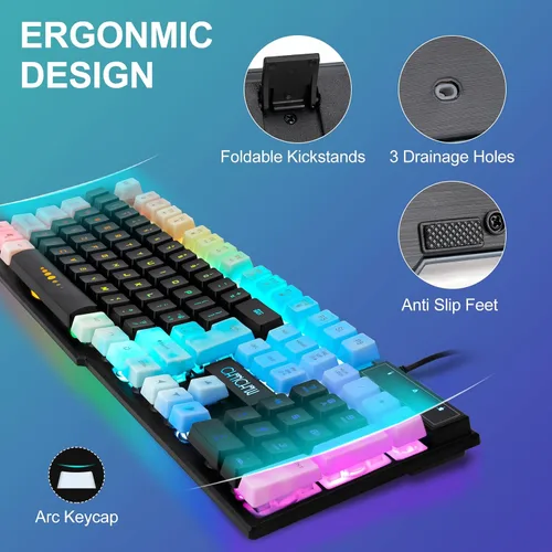 Vista 4 de CHONCHOW Combo de teclado y mouse para juegos, cable USB de 104 teclas de tamaño completo, micrófono de teclado iluminado de 3600 DPI, sensación