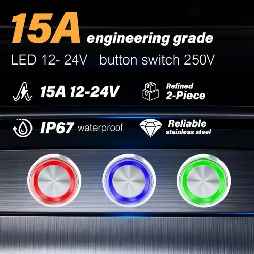 Vista 6 de Interruptor de botón momentáneo de 15 amperios, interruptor de botón de 12 V-24 V, 0.866 in, interruptor de botón AC/DC IP67, impermeable, luz LED