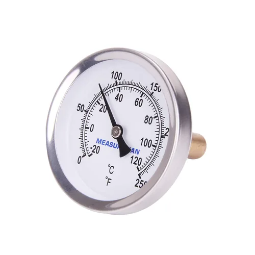 Vista 2 de MEASUREMAN Termómetro bimetálico de agua caliente, esfera de 2-1/2", vástago de latón sin plomo de 1-3/4", rango de 0-250 grados F/-20-120 grados C