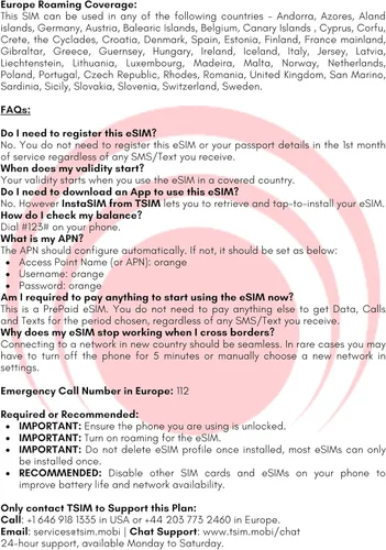 Vista 4 de 50GB 30 Day Orange Europe eSIM, llamadas locales ilimitadas/mensajes de texto, 120 minutos+1000 mensajes de texto a todo el mundo, código QR eSIM