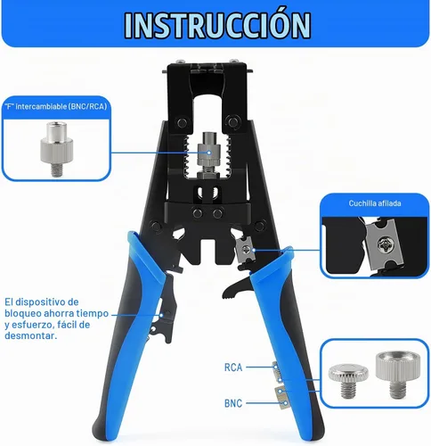 Vista 2 de Delgada Crimpadora de Cable Coaxial, Herramienta Ajustable Multifuncional de Compresión 3 en 1 para F BNC RCA, RG58 RG59 RG6, Pelacables Universal