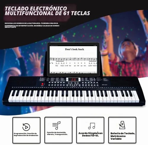 Vista 3 de Piano de teclado de 61 teclas para principiantes con teclas iluminadas y modos de enseñanza profesional, incluye soporte, banco, micrófono, soporte