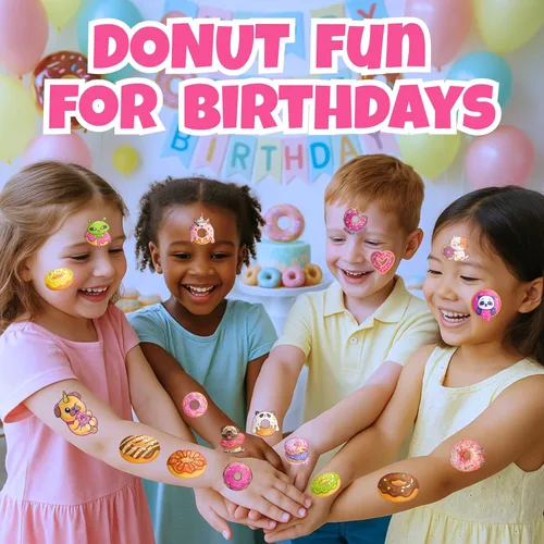 Vista 6 de 96 tatuajes temporales precortados de dona para niños, bonitas decoraciones de fiesta de cumpleaños, calcomanías para niñas y niños, recuerdos