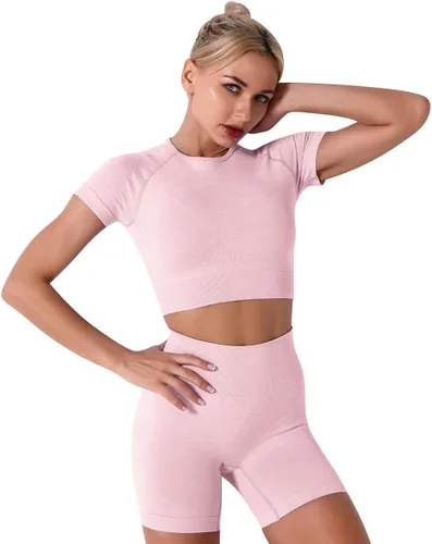 Vista 4 de Conjunto de 3 piezas de yoga sin costuras para mujer, camiseta corta de manga corta, brasier deportivo para gimnasio, cintura alta, pantalones