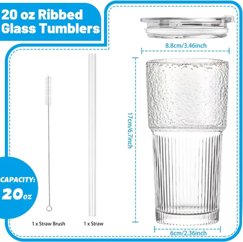 Vista 2 de Vaso de vidrio de 20 onzas con tapa y pajilla, taza para café helado acanalado transparente, vaso de vidrio de borosilicato, cristalería vintage