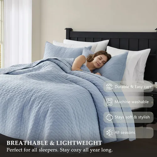 Vista 5 de palassio - Juego de ropa de cama, 100% algodón, tamaño individual, 1 fundas de almohada, colcha ligera texturizada, estilo chic desgastado, suave