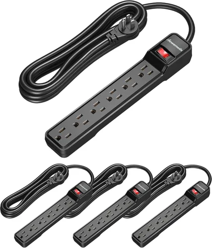 Vista 9 de DEWENWILS Multicontacto de 6 tomas con protector contra sobretensiones, cable de extensión de 15 pies, enchufe plano de bajo perfil, cortacircuito