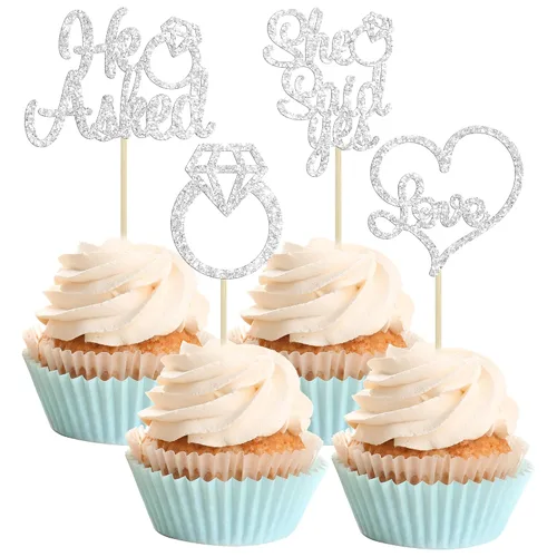 Vista 7 de Gyufise Paquete de 24 adornos para cupcakes con purpurina negra con la frase "He Asked She Said Yes" para cupcakes, anillos de corazón con purpurina