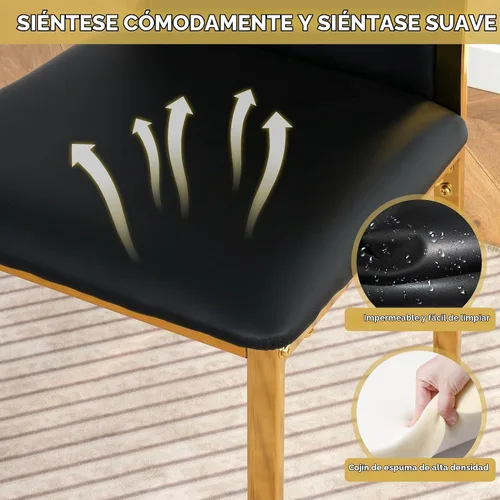 Vista 8 de Juego de mesa de comedor de cristal dorado moderno de 63 pulgadas para 6, juego de mesa de cocina rectangular de 7 piezas con patas de acero Negro