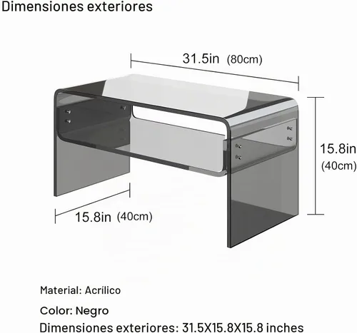 Vista 3 de Mesa auxiliar acrílica, mesa auxiliar moderna rectangular negra, mesa de té con almacenamiento abierto, adecuada para sala de estar, recepción