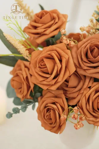 Vista 2 de TINGE TIME Flores de color naranja quemado, 25 flores artificiales para decoraciones, rosas de espuma falsas a granel con arreglos florales, ramos