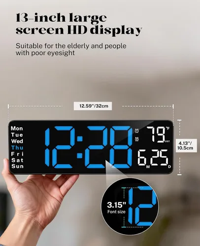 Vista 7 de Digital Clock Large Display, 13" Large Wall Clock for Classroom Big Led Wall Clocks with Remote Control,Date,Week,Alarm,Temp&DST for