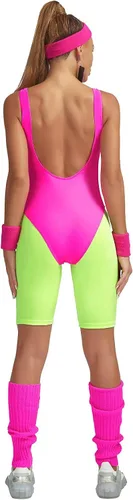 Vista 6 de MIAIULIA - Traje de entrenamiento de los años 80 para mujer, conjunto de accesorios de los años 80, leotardo, leggings de neón, diadema y muñequeras