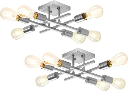 Vista 11 de Lámpara de techo semiempotrada de 6 luces, níquel cepillado industrial cerca del techo, moderna base E26 Sputnik lámpara de techo para cocina