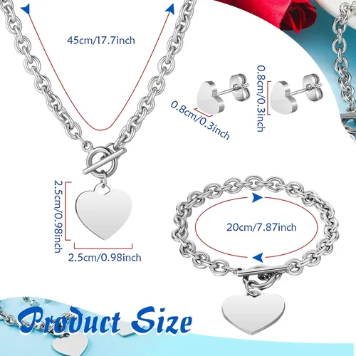 Vista 3 de Juego de 3 piezas de joyería de corazón, collar con dije de corazón, collar de cadena de corazón, pulsera de corazón, aretes de tuerca de acero