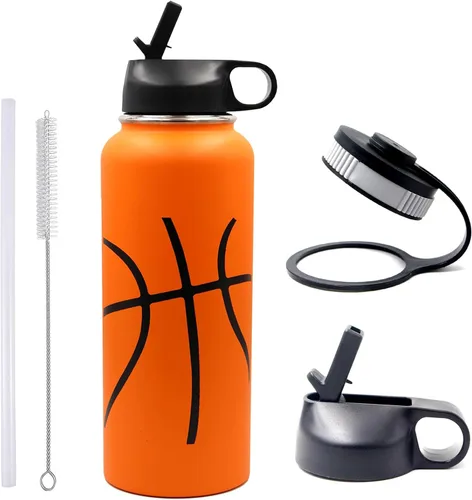 Vista 29 de Botella de agua de baloncesto de 12 onzas, botella de agua deportiva aislada al vacío de acero inoxidable con popote y 2 tapas, botella de agua