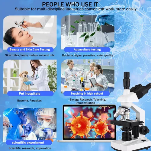 Vista 3 de Microscopio Trinocular Compuesto, aumento 40X-5000X, microscopio profesional de grado de investigación con cámara USB y plataforma mecánica