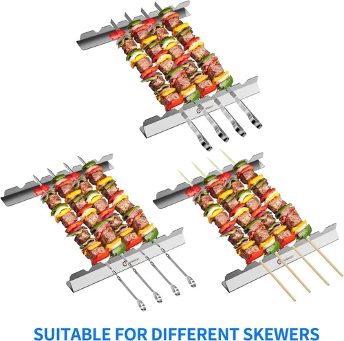Vista 3 de Estante para brochetas de kebab - Estante de barbacoa de acero inoxidable compatible con brochetas de madera, redondas, metálicas, planas o de bambú