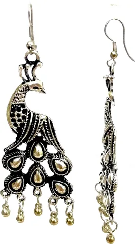 Vista 2 de DESI HAWKER - Pendientes de plata oxidados para Bali Jhumki Jhumka de Bollywood con caída de pavo real contemporáneo NI-122