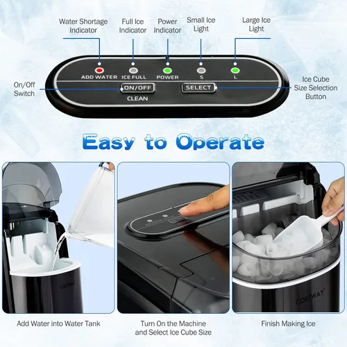 Vista 6 de COSTWAY Máquina de hielo para encimera, función de autolimpieza, 26.5 libras de hielo por día, 9 cubitos de hielo S/L, tamaño S / L, listo en 6-13