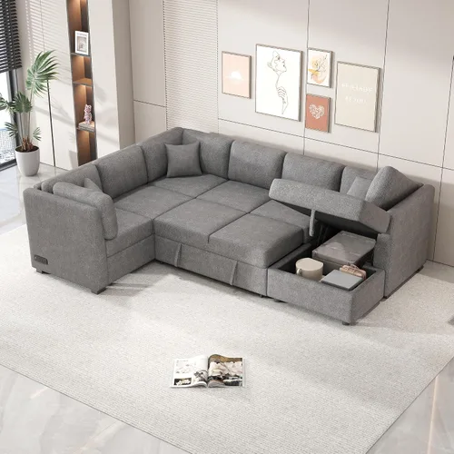 Vista 10 de LUMISOL Sofá seccional grande en forma de U para sala de estar, sofá cama extraíble con 2 puertos USB y 2 enchufes de corriente, sofá cama moderno