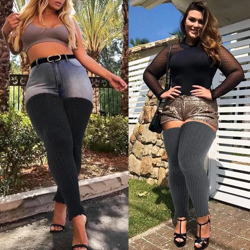 Vista 6 de Calentadores de piernas de talla grande para mujer, calcetines de punto por encima de la rodilla sin pies para muslos gruesos C01-negro/gris oscuro