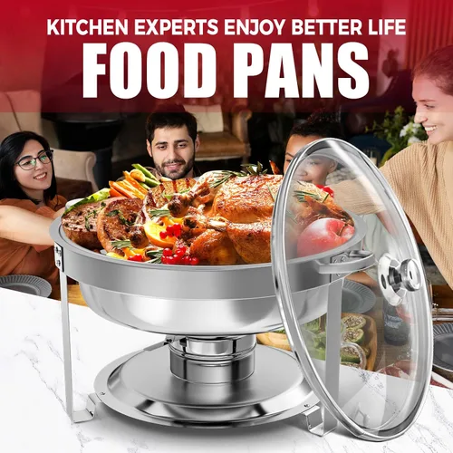 Vista 7 de IMACONE Juego de Bandejas Calentadoras de Buffet 4 Piezas, 5QT Redondas de Acero Inoxidable con Tapa de Vidrio para Catering, Conjuntos