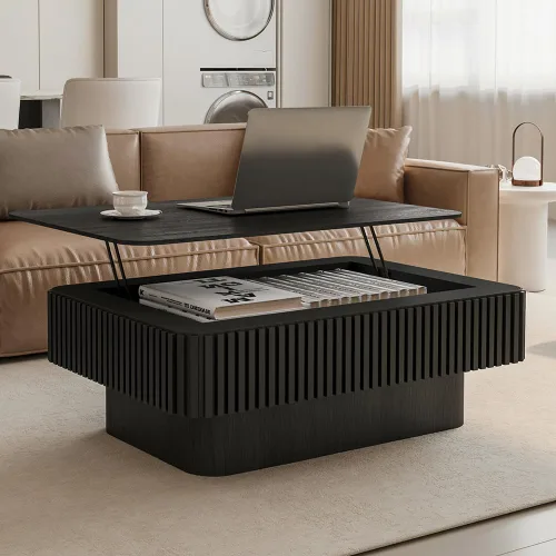 Vista 25 de Mesa de Centro Cuadrada de 35.43'' para Sala de Estar Mesa de Centro Acanalada Mesa Central Moderna con Pedestal para Apartamento Negro